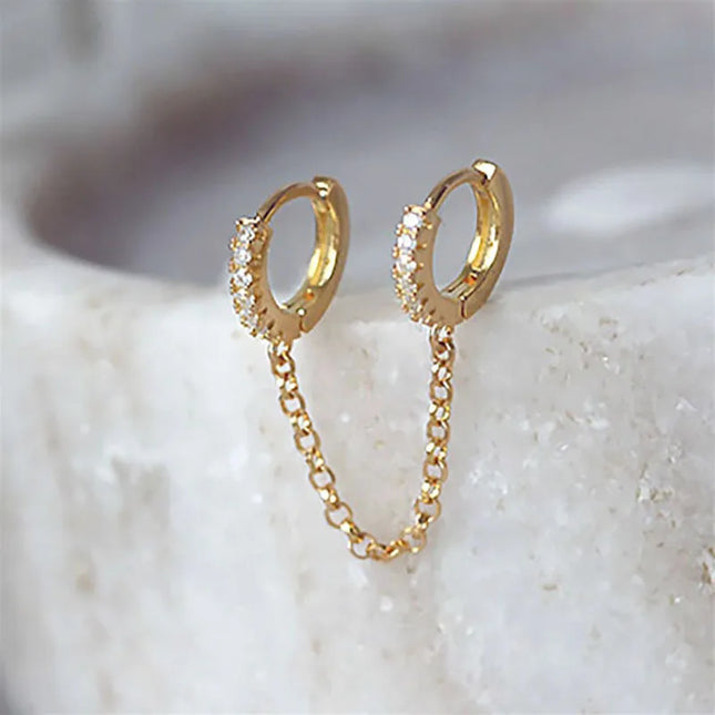 1PCS 925 Sterling Silver Two Hole Piercing Earrings for Women Brilliant Crystal Zircon 2 Metal Color Chain Earring Party Jewelry