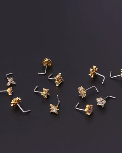 1PC L Shaped Nose Studs Stainless Steel Flower Cubic Zirconia 20G Nostril Bone Screw Indian Nose Ring Piercing