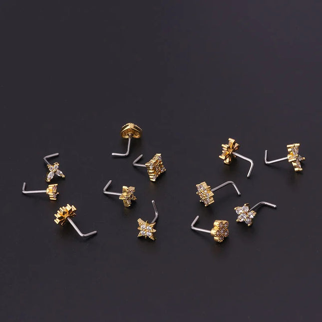 1PC L Shaped Nose Studs Stainless Steel Flower Cubic Zirconia 20G Nostril Bone Screw Indian Nose Ring Piercing