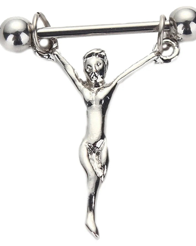 1PCS Nipple Piercing Statue Jesus Stainless Steel Nipple Barbells Chains Statue Of Jesus Nipple Shields Bars Body Jewelry