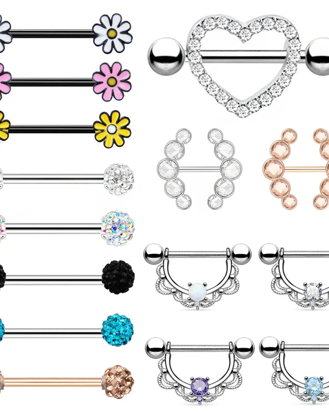 1 Pairs Sexy Heart Nipple Rings CZ Crystal Barbell Nipple Piercing Shield Women Man 316L Steel Body Piercing Jewelry Oreja 14G