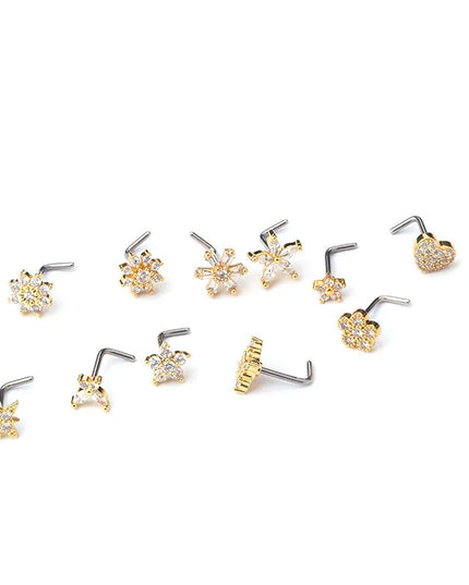 1PC L Shaped Nose Studs Stainless Steel Flower Cubic Zirconia 20G Nostril Bone Screw Indian Nose Ring Piercing