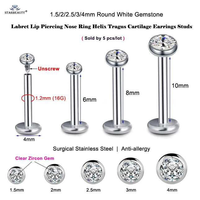 5 Pcs/Lot 1.5~4mm Gem 16G 6/8/10mm Bar Nose Ring Stud Helix Piercing Oreja Labret Lip Ring Ear Piercing Tragus Earrings Jewelry