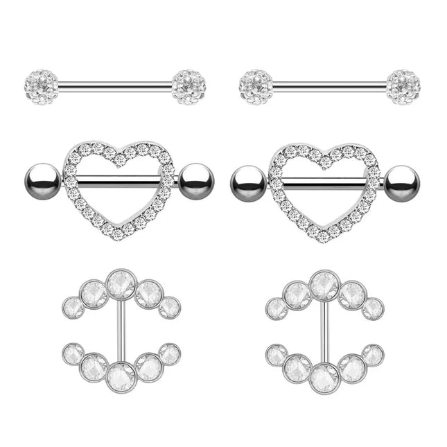Stainless Steel Heart Nipple Piercing Rings Sets 14G Crystal Tongue Ring Nipple Barbell Lot Sexy Piercing Nipple Body Jewelry