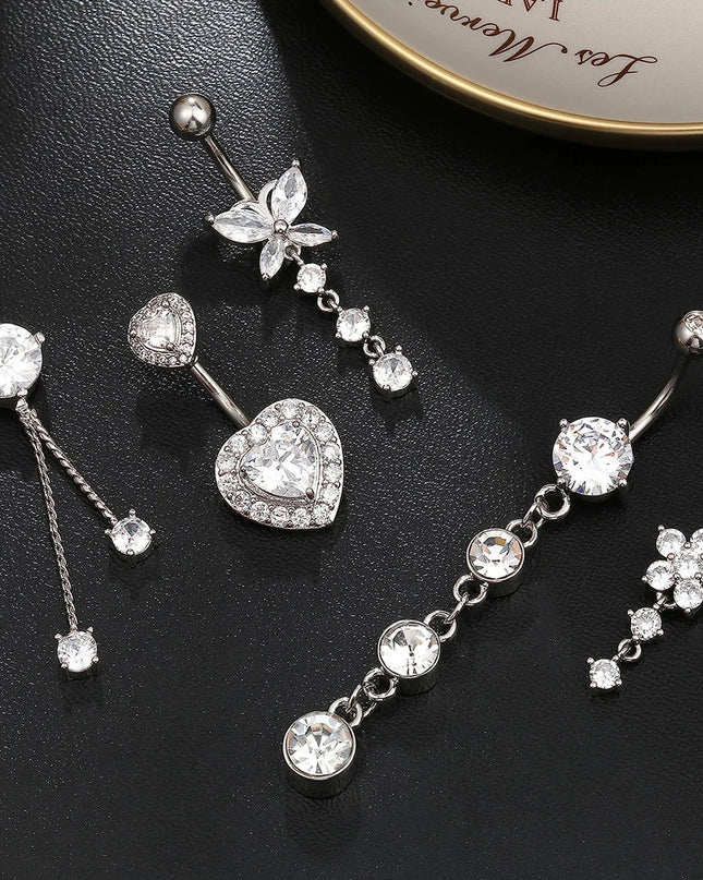 Butterfly Welded Chain Belly Button Ring Set 5pcs Shiny Zircon Inlay Stainless Steel Navel Ring Piercing for Women for Weddings