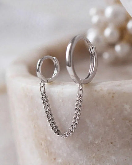 1PCS 925 Sterling Silver Two Hole Piercing Earrings for Women Brilliant Crystal Zircon 2 Metal Color Chain Earring Party Jewelry
