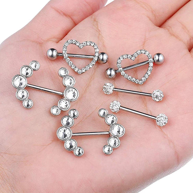 Stainless Steel Heart Nipple Piercing Rings Sets 14G Crystal Tongue Ring Nipple Barbell Lot Sexy Piercing Nipple Body Jewelry
