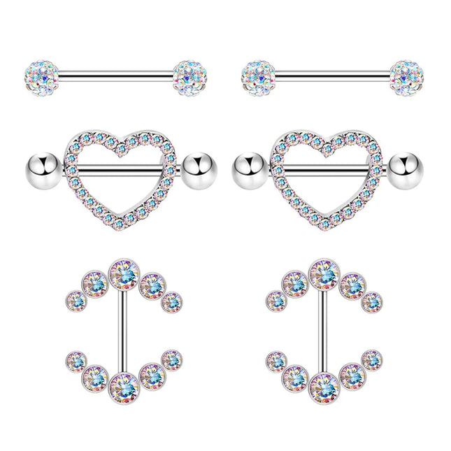 1 Pairs Sexy Heart Nipple Rings CZ Crystal Barbell Nipple Piercing Shield Women Man 316L Steel Body Piercing Jewelry Oreja 14G