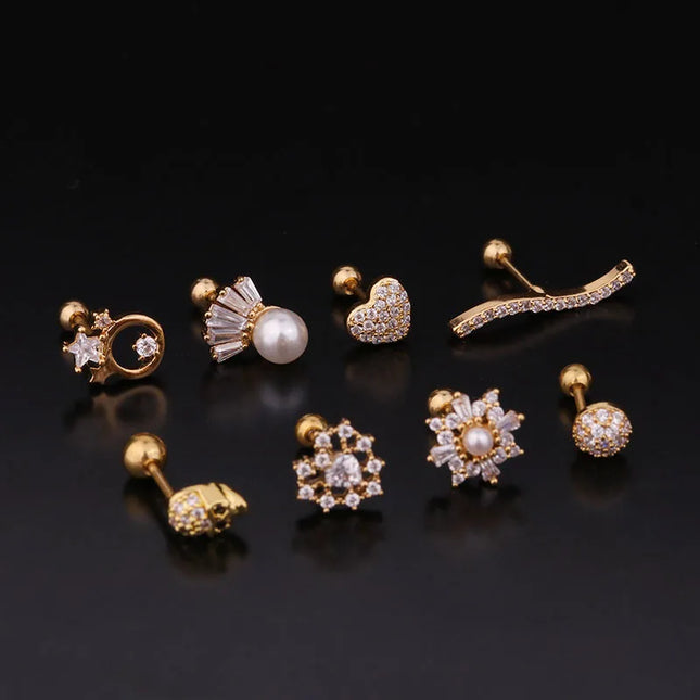 Cz EarTragus Cartilage Piercing Crystal Flower Skull Heart Pearl Earrings Barbell Piercing Orelha Ear Stud Helix Sexy Jewelry