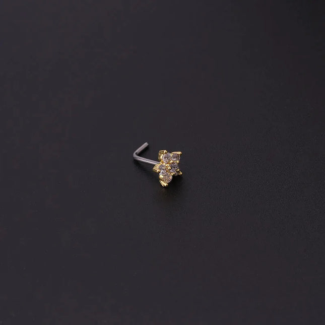 1PC L Shaped Nose Studs Stainless Steel Flower Cubic Zirconia 20G Nostril Bone Screw Indian Nose Ring Piercing