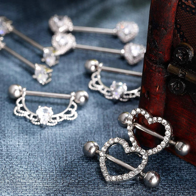 Stainless Steel Heart Nipple Piercing Rings Sets 14G Crystal Tongue Ring Nipple Barbell Lot Sexy Piercing Nipple Body Jewelry