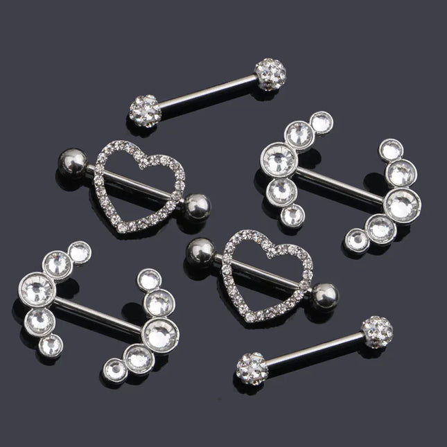 1 Pairs Sexy Heart Nipple Rings CZ Crystal Barbell Nipple Piercing Shield Women Man 316L Steel Body Piercing Jewelry Oreja 14G