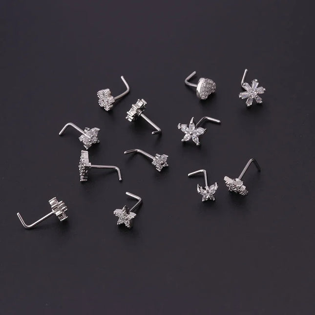 1PC L Shaped Nose Studs Stainless Steel Flower Cubic Zirconia 20G Nostril Bone Screw Indian Nose Ring Piercing