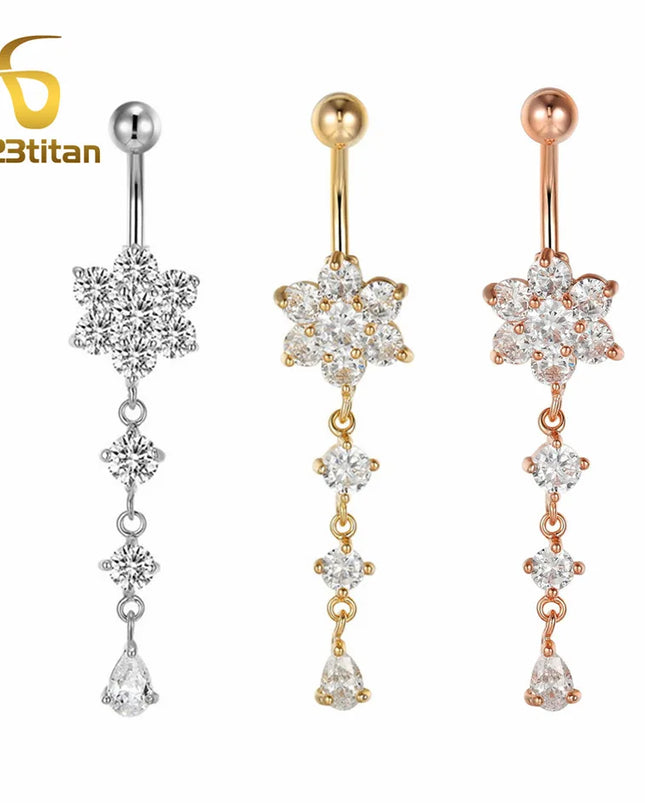Elegant Long Belly Button Rings for Women 14G G23 Titanium Piercing Curved Barbell CZ Zircon Navel Bar Allergy Free Body Jewelry