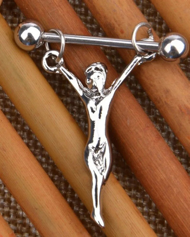 1PCS Nipple Piercing Statue Jesus Stainless Steel Nipple Barbells Chains Statue Of Jesus Nipple Shields Bars Body Jewelry