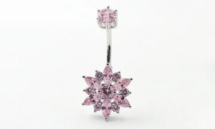 925 sterling silver belly piercing Button Bar Ring pink flower cubic zircon navel piercing jewelry