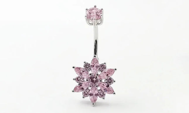 925 sterling silver belly piercing Button Bar Ring pink flower cubic zircon navel piercing jewelry