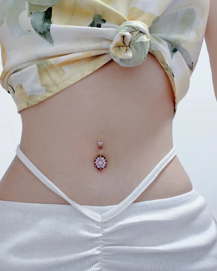 925 sterling silver belly piercing Button Bar Ring pink flower cubic zircon navel piercing jewelry