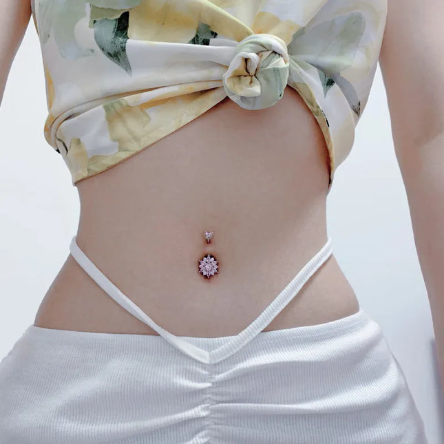 925 sterling silver belly piercing Button Bar Ring pink flower cubic zircon navel piercing jewelry