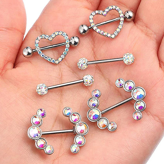 1 Pairs Sexy Heart Nipple Rings CZ Crystal Barbell Nipple Piercing Shield Women Man 316L Steel Body Piercing Jewelry Oreja 14G
