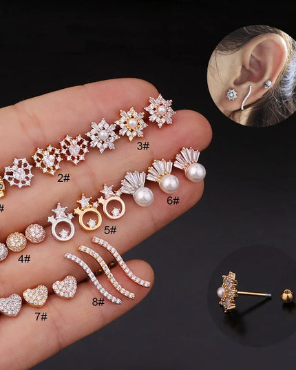 Cz EarTragus Cartilage Piercing Crystal Flower Skull Heart Pearl Earrings Barbell Piercing Orelha Ear Stud Helix Sexy Jewelry