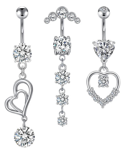 Lady Ornaments Set Large Zircon Heart-Shaped Surgical Steel Belly Button Rings Dangle Danglers Piercing Jewelry for Fashion