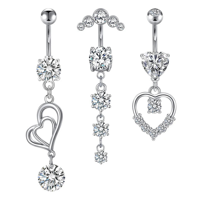 Lady Ornaments Set Large Zircon Heart-Shaped Surgical Steel Belly Button Rings Dangle Danglers Piercing Jewelry for Fashion