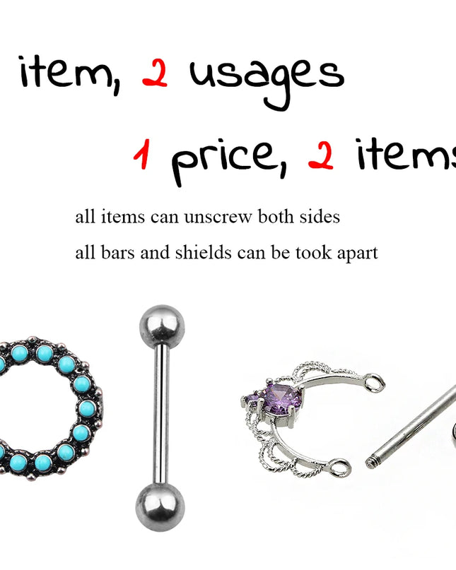 Stainless Steel Heart Nipple Piercing Rings Sets 14G Crystal Tongue Ring Nipple Barbell Lot Sexy Piercing Nipple Body Jewelry