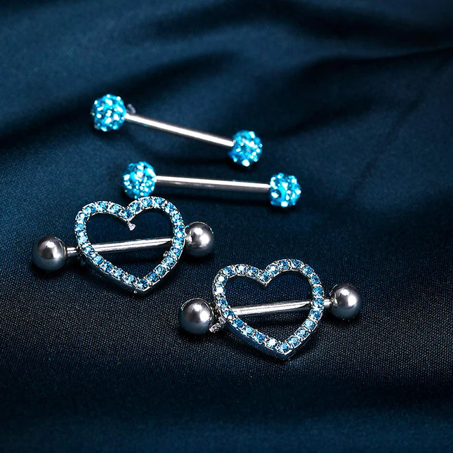 Stainless Steel Heart Nipple Piercing Rings Sets 14G Crystal Tongue Ring Nipple Barbell Lot Sexy Piercing Nipple Body Jewelry