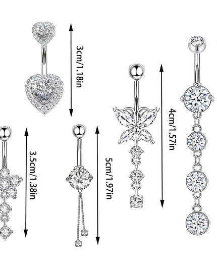 Butterfly Welded Chain Belly Button Ring Set 5pcs Shiny Zircon Inlay Stainless Steel Navel Ring Piercing for Women for Weddings