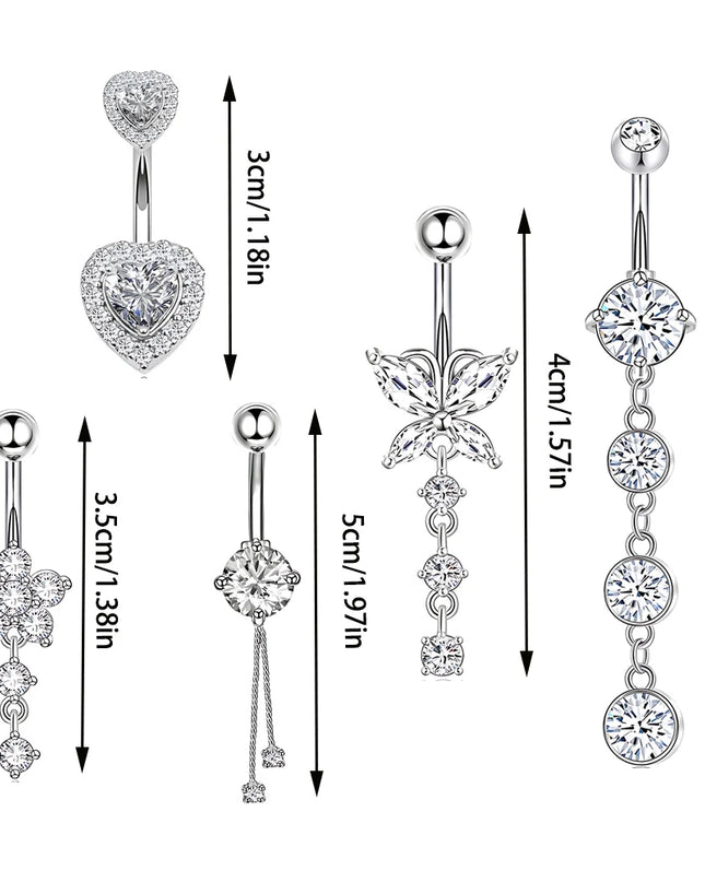 Butterfly Welded Chain Belly Button Ring Set 5pcs Shiny Zircon Inlay Stainless Steel Navel Ring Piercing for Women for Weddings
