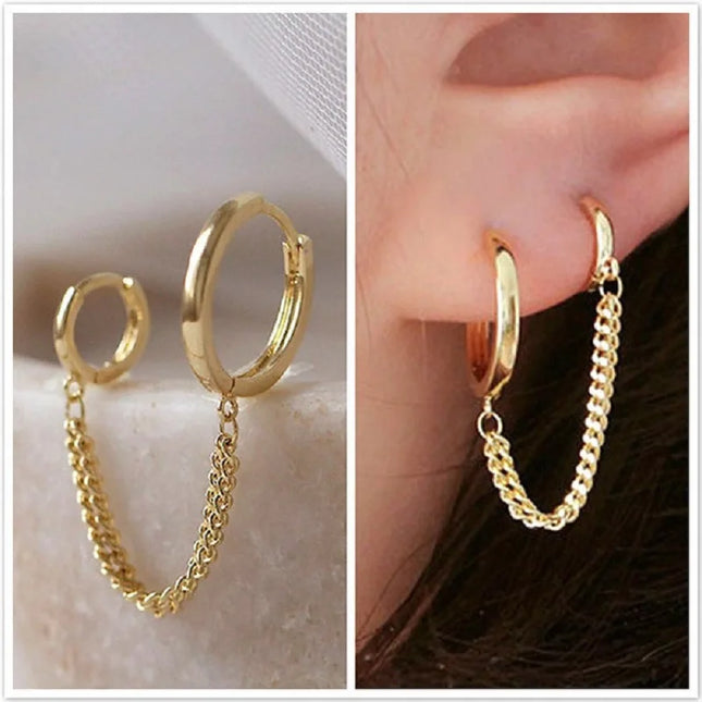 1PCS 925 Sterling Silver Two Hole Piercing Earrings for Women Brilliant Crystal Zircon 2 Metal Color Chain Earring Party Jewelry