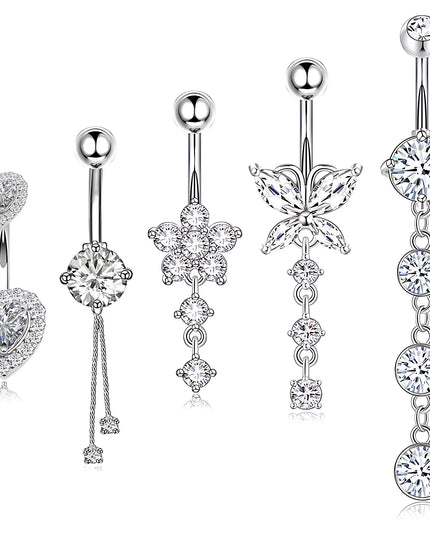 Butterfly Welded Chain Belly Button Ring Set 5pcs Shiny Zircon Inlay Stainless Steel Navel Ring Piercing for Women for Weddings