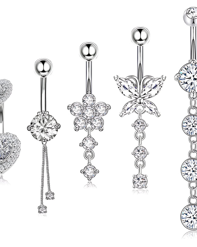 Butterfly Welded Chain Belly Button Ring Set 5pcs Shiny Zircon Inlay Stainless Steel Navel Ring Piercing for Women for Weddings