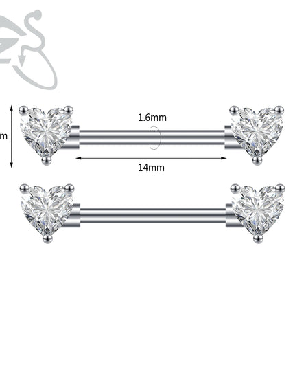 ZS 2PCS Stainless Steel Nipple Piercing Bar For Women 14G Crystal Heart Nipple Shield Ring Horseshoe Barbell Sexy Nipple Jewelry