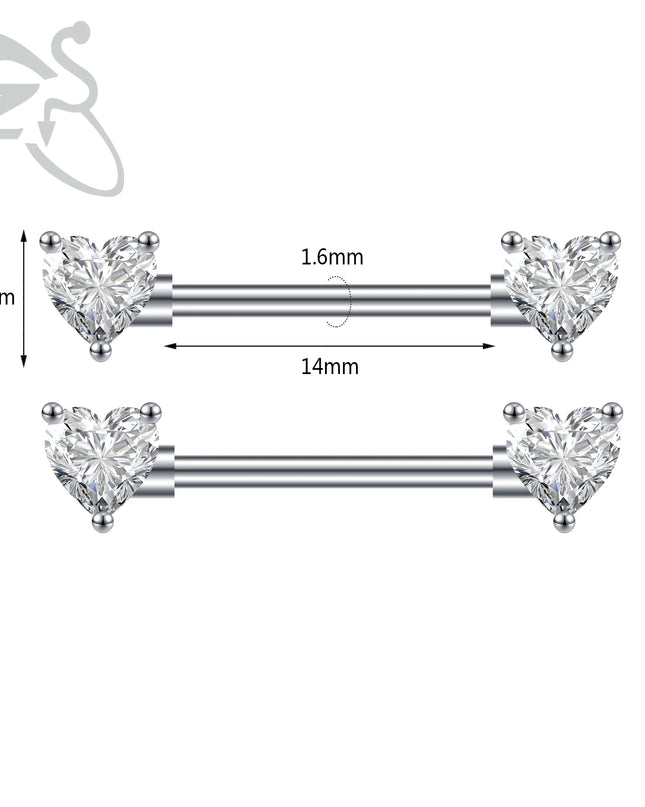 ZS 2PCS Stainless Steel Nipple Piercing Bar For Women 14G Crystal Heart Nipple Shield Ring Horseshoe Barbell Sexy Nipple Jewelry