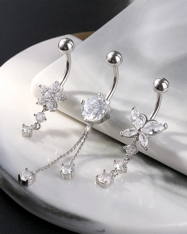 Butterfly Welded Chain Belly Button Ring Set 5pcs Shiny Zircon Inlay Stainless Steel Navel Ring Piercing for Women for Weddings