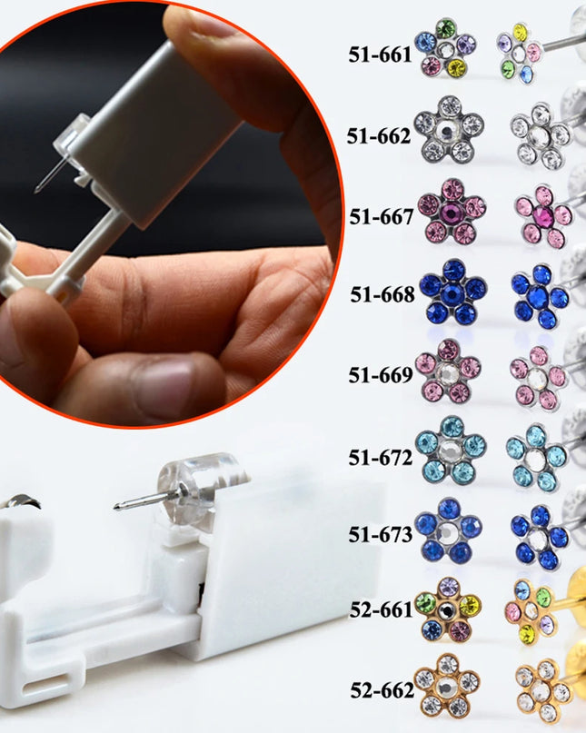 1 Piece Sterilized Disposable Safety Nose Ear Piercing Device Sterile Bezel Cute Earring Crystal Flower Studs Ear Piercer Unit