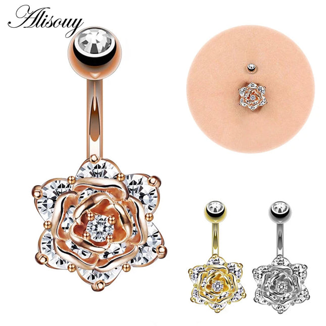 Belly piercing Rose flower navel piercing cute belly button rings piercing navel surgical steel women fashion christmas gifts