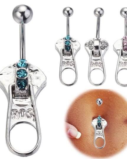 MODRSA 1PC Stainless Steel Belly Button Piercing Punk Crystal Zipper Navel Ring Creative Dangle Belly Piercing Jewelry
