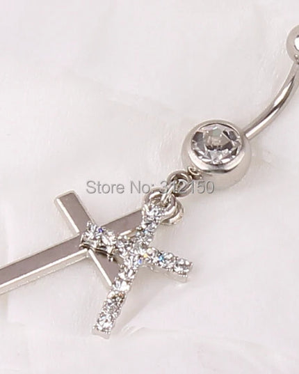 Free Shipping Navel jewelry Crystal belly ring  Navel Ring Button Bar Navel Double Cross Dangle Belly Button Navel Ring