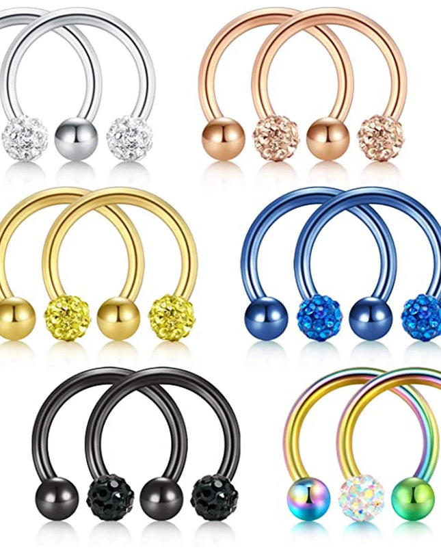 WKOUD 2pcs Crystal & Ball Nose Septum Horseshoe Earring Eyebrow Lip Helix Tragus Cartilage Piercing Ring 8mm