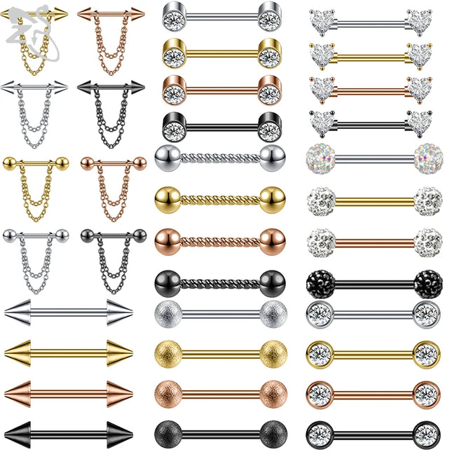 ZS 2PCS Stainless Steel Nipple Piercing Bar For Women 14G Crystal Heart Nipple Shield Ring Horseshoe Barbell Sexy Nipple Jewelry