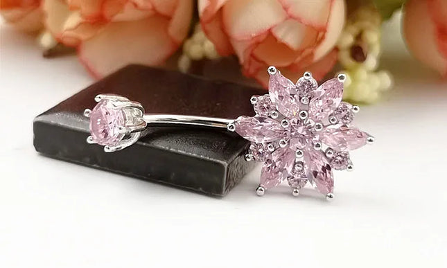 925 sterling silver belly piercing Button Bar Ring pink flower cubic zircon navel piercing jewelry