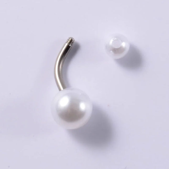 5pcs Belly Button Ring Surgical Steel&Faux Pearl Decor Acrylic Pearl Ball Navel Piercing Woman Barbell Ombligo Ring Jewelry