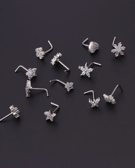 1PC L Shaped Nose Studs Stainless Steel Flower Cubic Zirconia 20G Nostril Bone Screw Indian Nose Ring Piercing