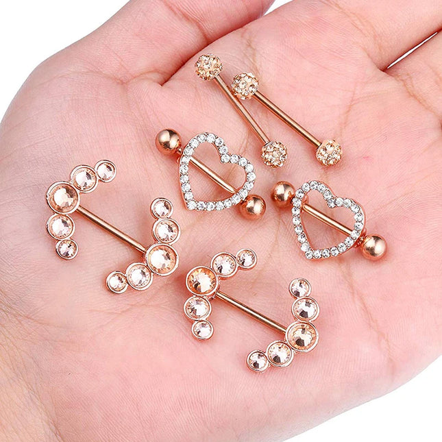 Stainless Steel Heart Nipple Piercing Rings Sets 14G Crystal Tongue Ring Nipple Barbell Lot Sexy Piercing Nipple Body Jewelry