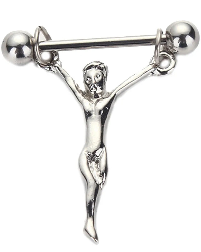 1PCS Nipple Piercing Statue Jesus Stainless Steel Nipple Barbells Chains Statue Of Jesus Nipple Shields Bars Body Jewelry