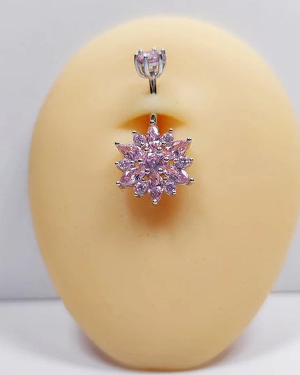 925 sterling silver belly piercing Button Bar Ring pink flower cubic zircon navel piercing jewelry