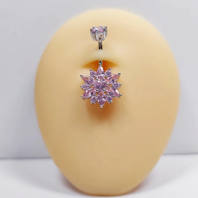 925 sterling silver belly piercing Button Bar Ring pink flower cubic zircon navel piercing jewelry